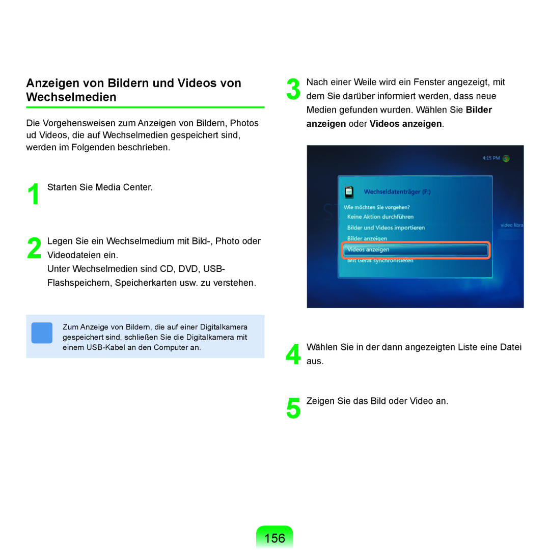 Samsung NP-X65A000/SEG, NP-X65A001/SEG, NP-X65T002/SEG manual 156, Anzeigen von Bildern und Videos von Wechselmedien 