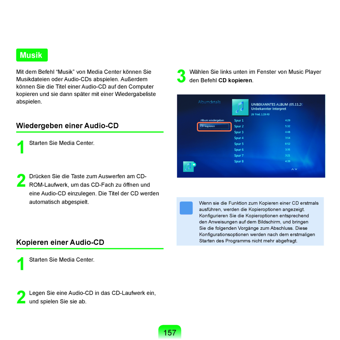 Samsung NP-X65T000/SEG, NP-X65A001/SEG, NP-X65T002/SEG, NP-X65A002/SEG, NP-X65A000/SEG Musik, 157, Kopieren einer Audio-CD 