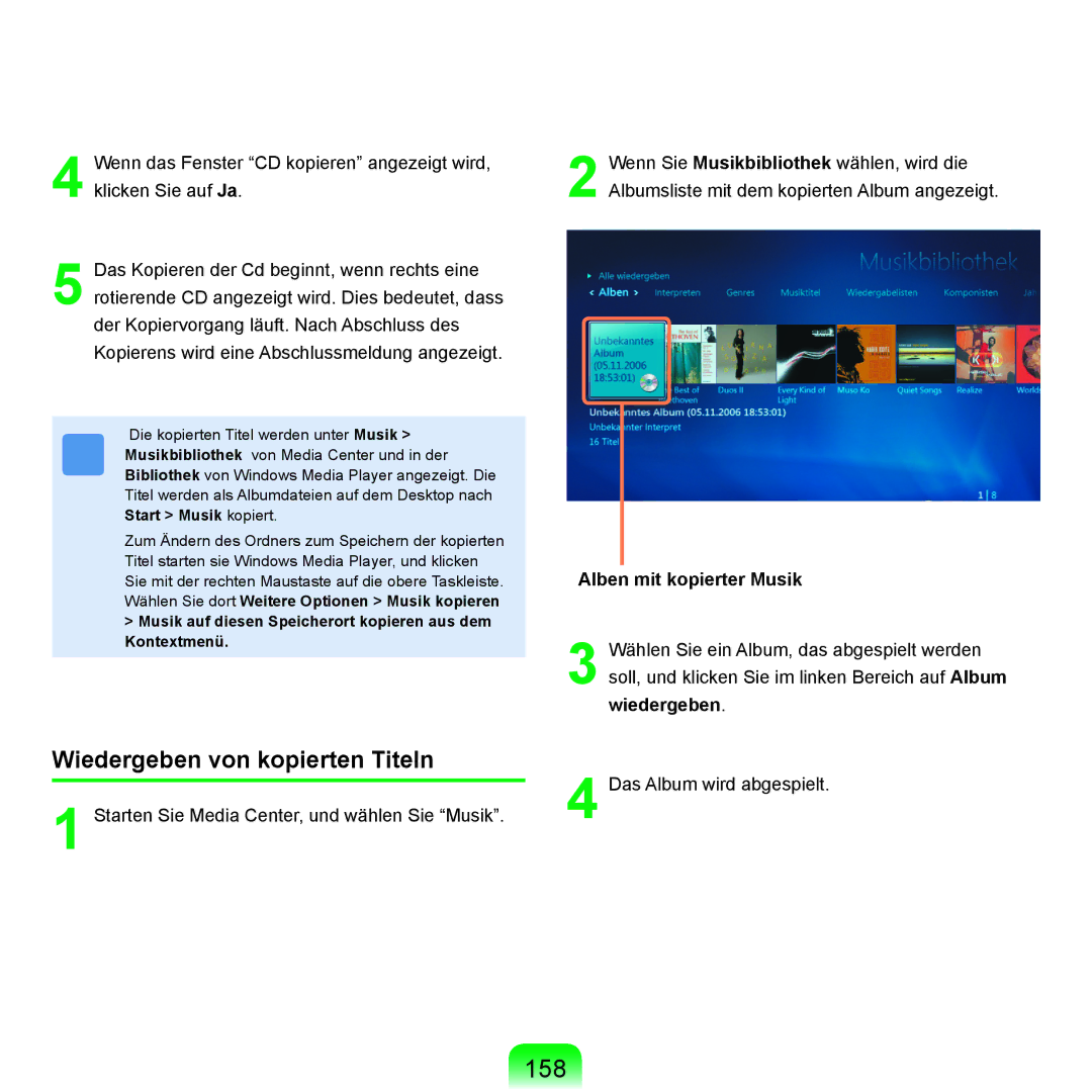 Samsung NP-X65T001/SEG, NP-X65A001/SEG, NP-X65T002/SEG 158, Wiedergeben von kopierten Titeln, Alben mit kopierter Musik 