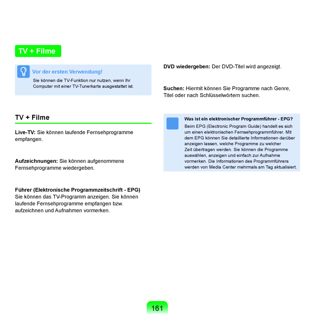 Samsung NP-X65T002/SEG, NP-X65A001/SEG, NP-X65A002/SEG manual TV + Filme, 161, Was ist ein elektronischer Programmführer EPG? 