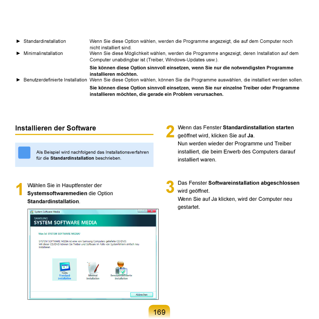 Samsung NP-X65A002/SEG, NP-X65A001/SEG, NP-X65T002/SEG, NP-X65A000/SEG, NP-X65T000/SEG manual 169, Installieren der Software 