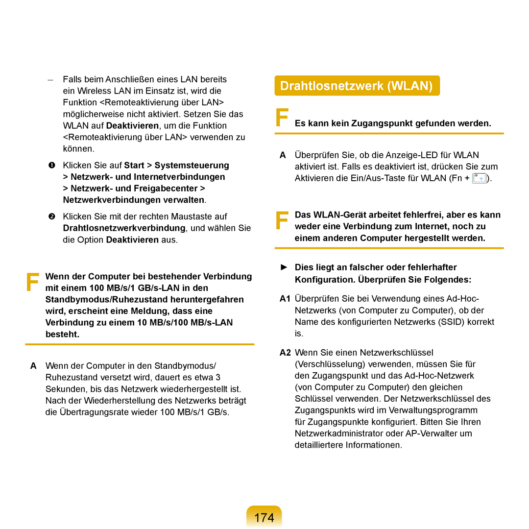 Samsung NP-X65A001/SEG, NP-X65T002/SEG manual Drahtlosnetzwerk Wlan, 174, Es kann kein Zugangspunkt gefunden werden 