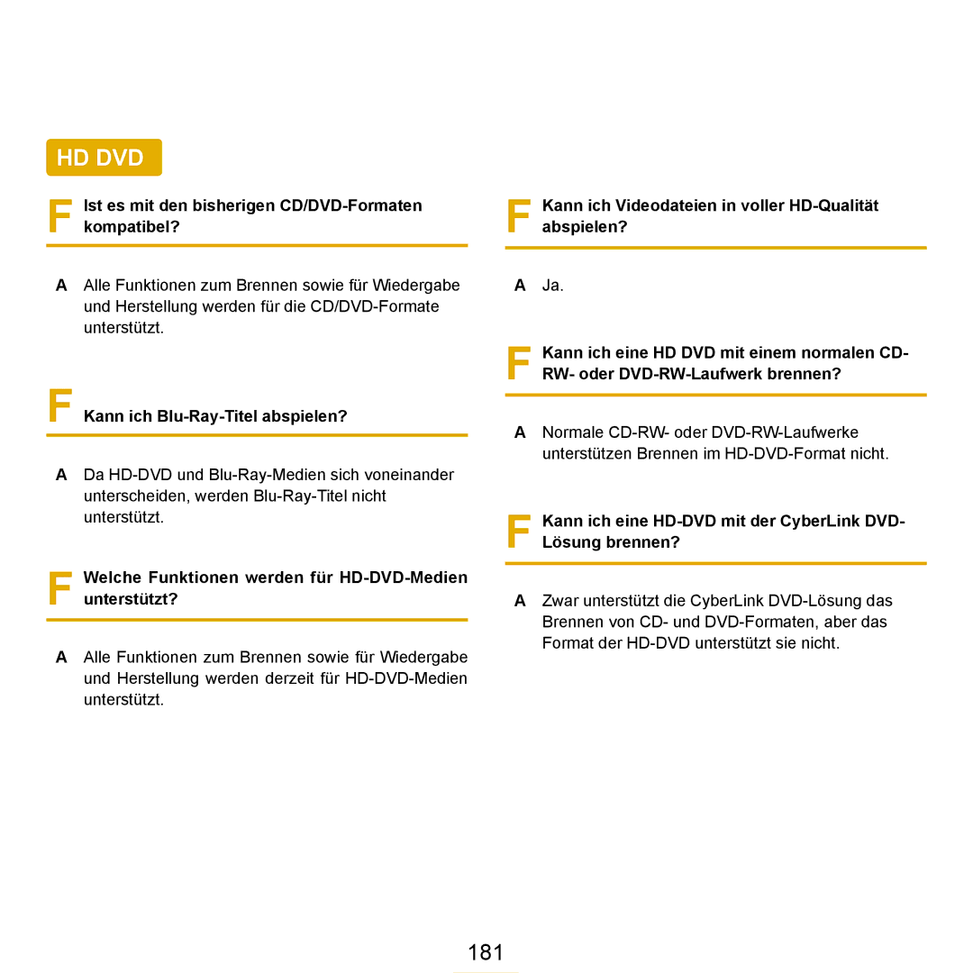 Samsung NP-X65A001/SEG manual 181, Ist es mit den bisherigen CD/DVD-Formaten kompatibel?, Kann ich Blu-Ray-Titel abspielen? 