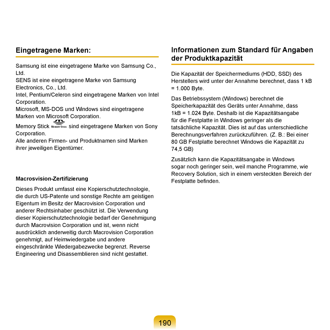 Samsung NP-X65A002/SEG manual 190, Eingetragene Marken, Informationen zum Standard für Angaben der Produktkapazität 