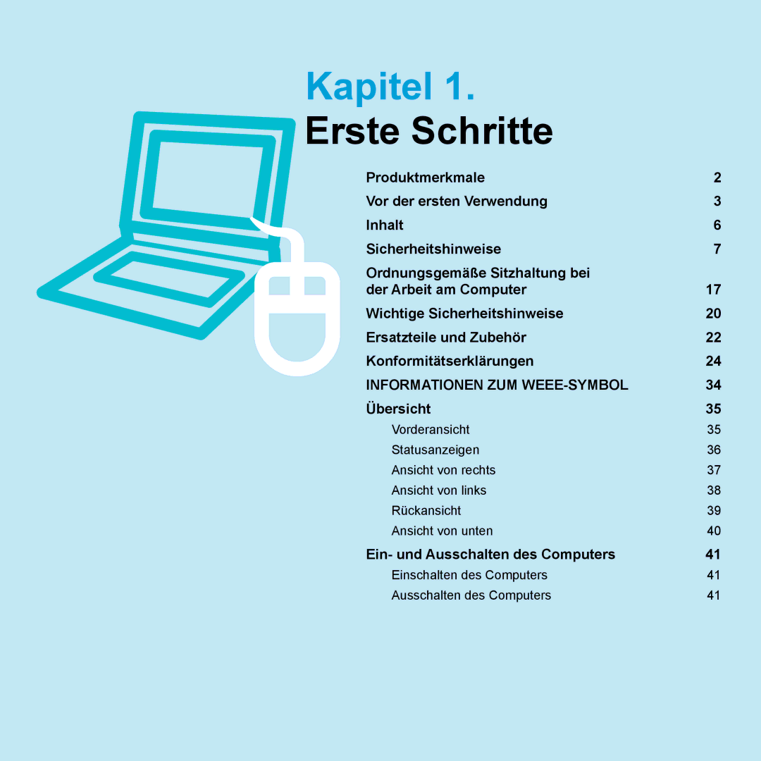 Samsung NP-X65A002/SEG, NP-X65A001/SEG, NP-X65T002/SEG manual Kapitel, Einschalten des Computers Ausschalten des Computers 