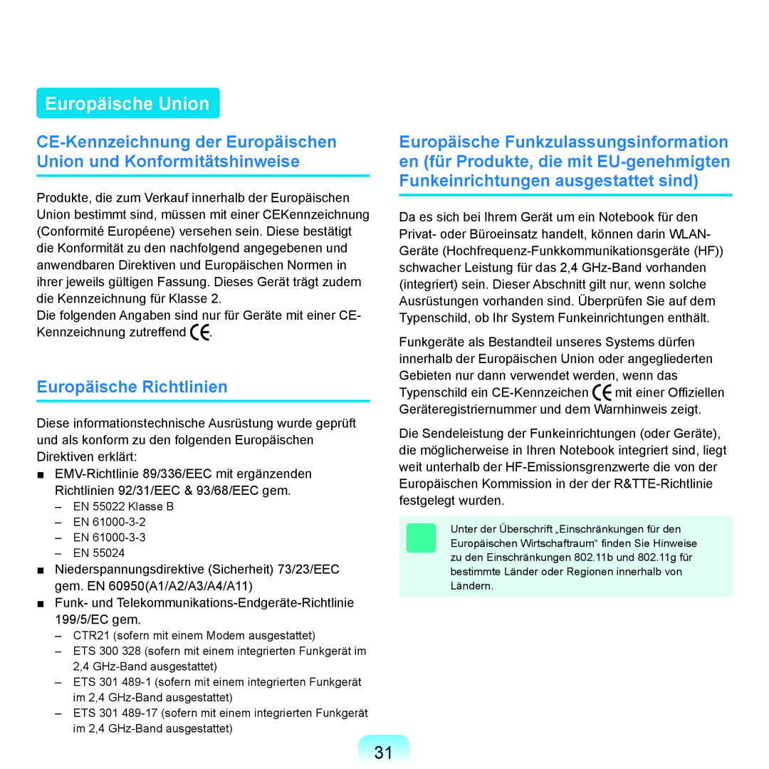 Samsung NP-X65T000/SEG, NP-X65A001/SEG, NP-X65T002/SEG, NP-X65A002/SEG manual Europäische Union, Europäische Richtlinien 