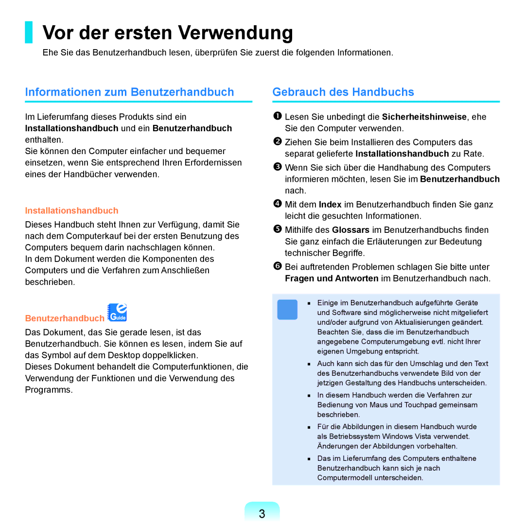 Samsung NP-X65T000/SEG manual Vor der ersten Verwendung, Informationen zum Benutzerhandbuch, Gebrauch des Handbuchs 