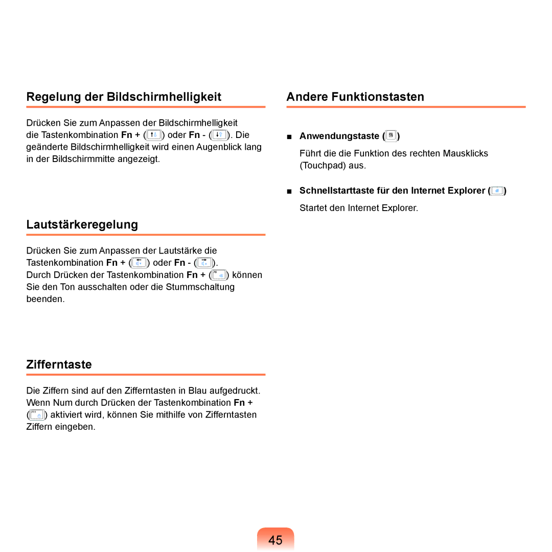 Samsung NP-X65T000/SEG manual Regelung der Bildschirmhelligkeit, Lautstärkeregelung, Zifferntaste, Andere Funktionstasten 