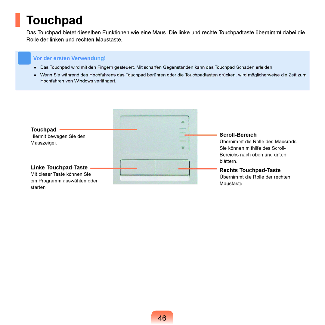 Samsung NP-X65T001/SEG, NP-X65A001/SEG, NP-X65T002/SEG manual Linke Touchpad-Taste, Scroll-Bereich, Rechts Touchpad-Taste 