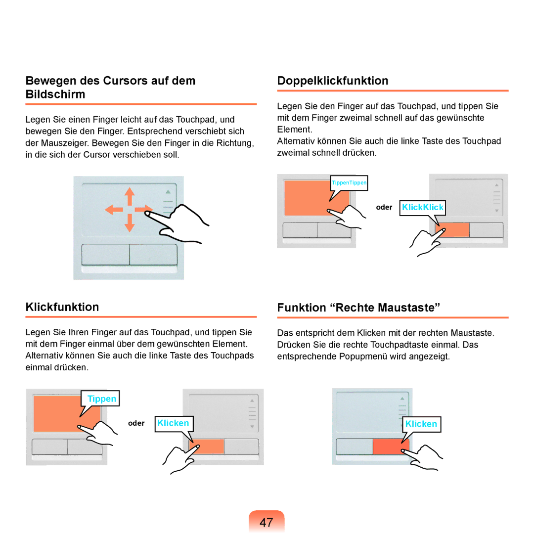 Samsung NP-X65A003/SEG, NP-X65A001/SEG manual Bewegen des Cursors auf dem Bildschirm, Klickfunktion, Doppelklickfunktion 