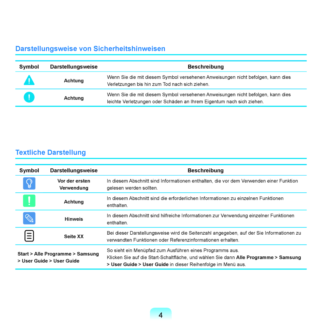 Samsung NP-X65T001/SEG, NP-X65A001/SEG, NP-X65T002/SEG Darstellungsweise von Sicherheitshinweisen, Textliche Darstellung 