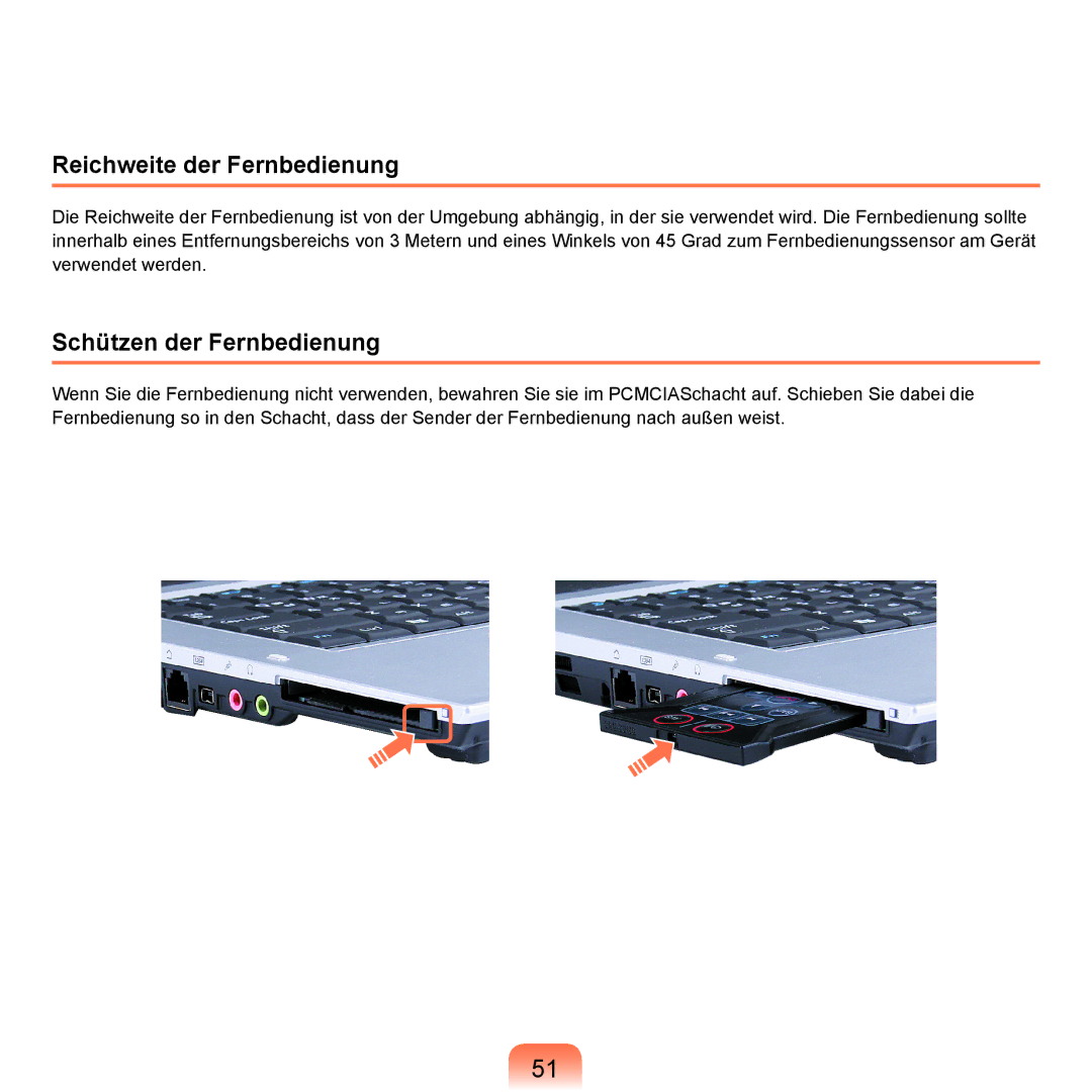 Samsung NP-X65A000/SEG, NP-X65A001/SEG, NP-X65T002/SEG manual Reichweite der Fernbedienung, Schützen der Fernbedienung 