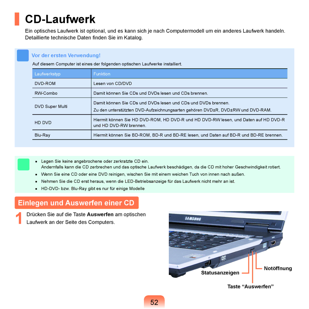 Samsung NP-X65T000/SEG manual CD-Laufwerk, Einlegen und Auswerfen einer CD, Statusanzeigen Notöffnung Taste Auswerfen 