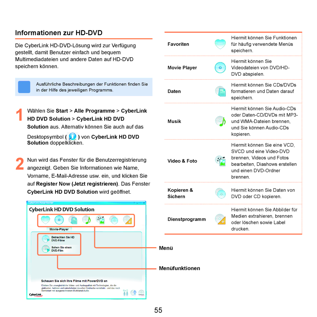 Samsung NP-X65A001/SEG, NP-X65T002/SEG, NP-X65A002/SEG, NP-X65A000/SEG manual Informationen zur HD-DVD, Menü Menüfunktionen 