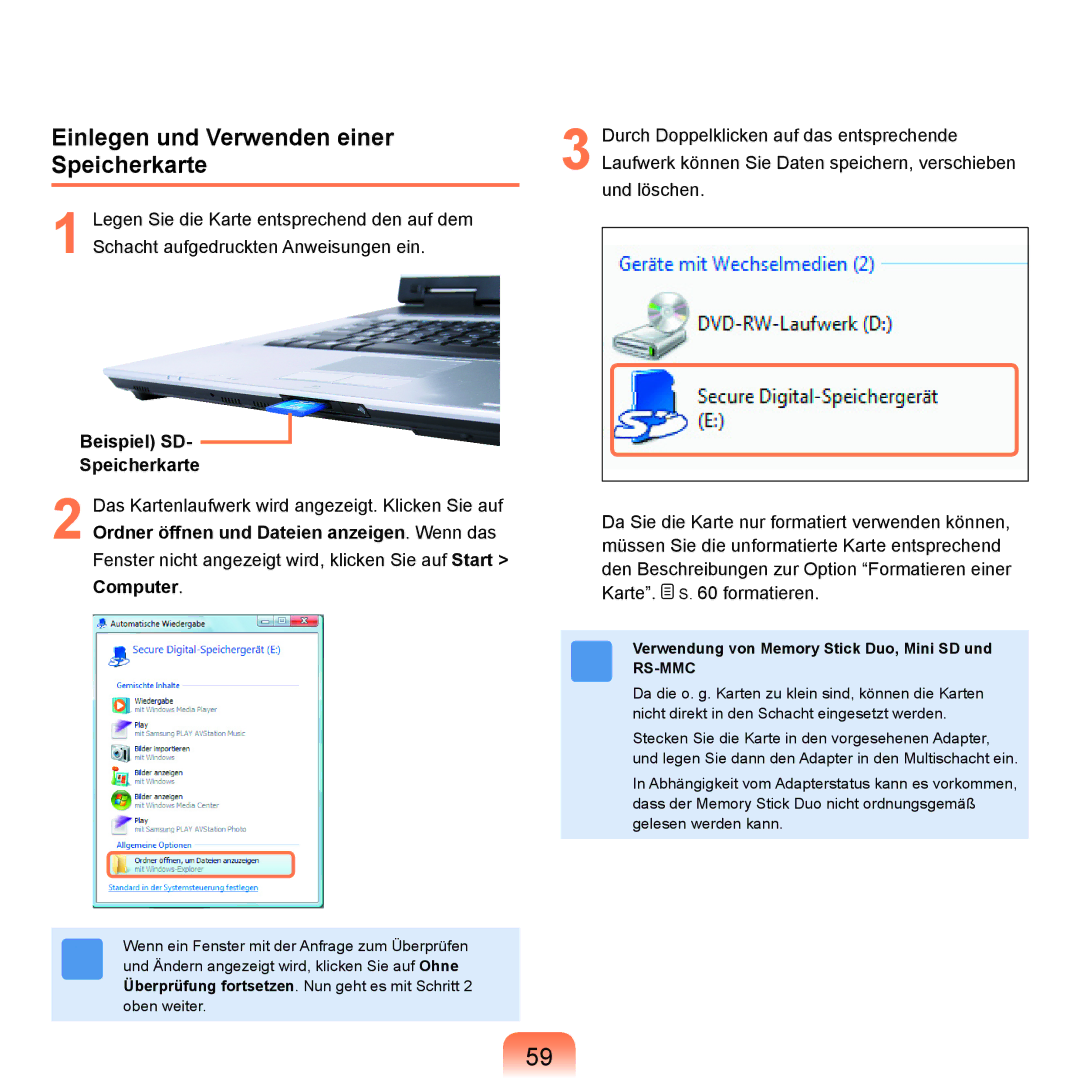 Samsung NP-X65T000/SEG, NP-X65A001/SEG manual Einlegen und Verwenden einer Speicherkarte, Beispiel SD Speicherkarte 