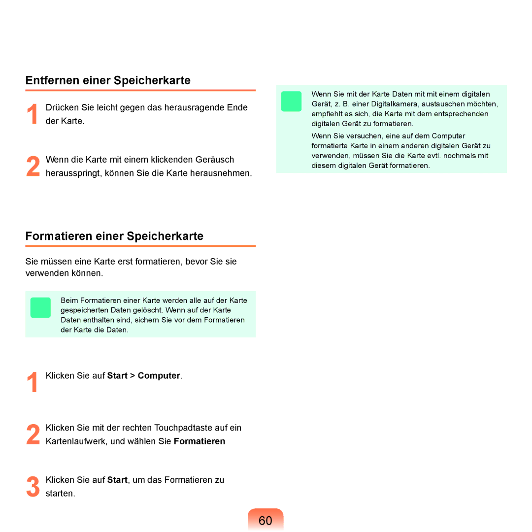 Samsung NP-X65T001/SEG, NP-X65A001/SEG, NP-X65T002/SEG manual Entfernen einer Speicherkarte, Formatieren einer Speicherkarte 