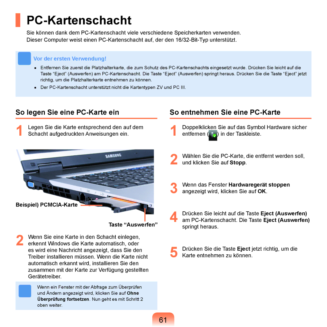 Samsung NP-X65A003/SEG, NP-X65A001/SEG PC-Kartenschacht, So legen Sie eine PC-Karte ein, So entnehmen Sie eine PC-Karte 