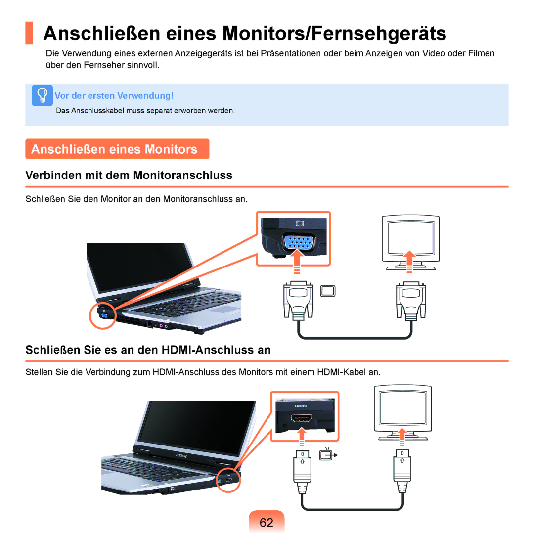 Samsung NP-X65A001/SEG, NP-X65T002/SEG manual Anschließen eines Monitors/Fernsehgeräts, Verbinden mit dem Monitoranschluss 