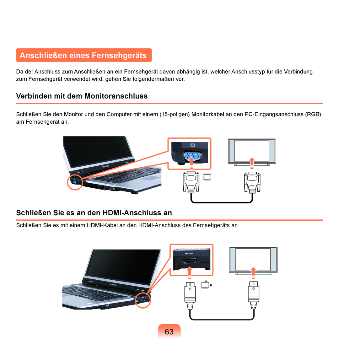 Samsung NP-X65T002/SEG, NP-X65A001/SEG, NP-X65A002/SEG, NP-X65A000/SEG, NP-X65T000/SEG manual Anschließen eines Fernsehgeräts 