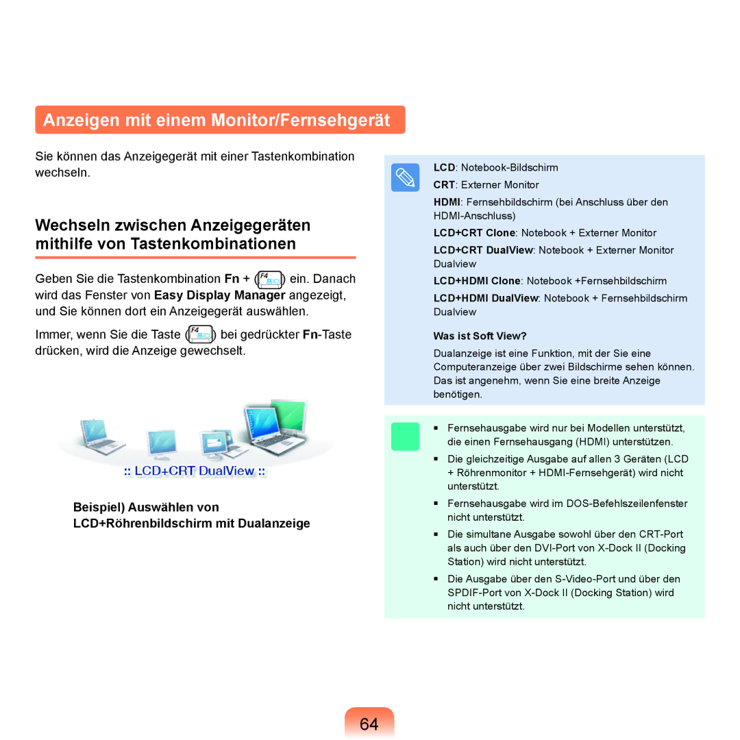 Samsung NP-X65A002/SEG, NP-X65A001/SEG, NP-X65T002/SEG manual Anzeigen mit einem Monitor/Fernsehgerät, Was ist Soft View? 