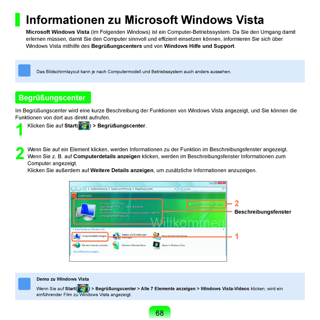 Samsung NP-X65A003/SEG manual Informationen zu Microsoft Windows Vista, Klicken Sie auf Start Begrüßungscenter 