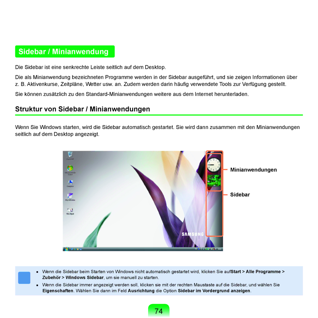 Samsung NP-X65T001/SEG, NP-X65A001/SEG, NP-X65T002/SEG Struktur von Sidebar / Minianwendungen, Minianwendungen Sidebar 