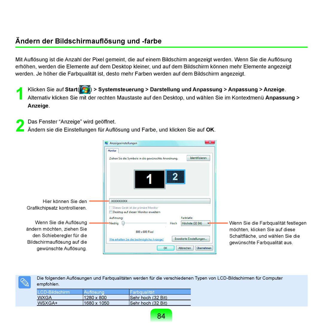 Samsung NP-X65T002/SEG, NP-X65A001/SEG, NP-X65A002/SEG, NP-X65A000/SEG manual Ändern der Bildschirmauﬂösung und -farbe 