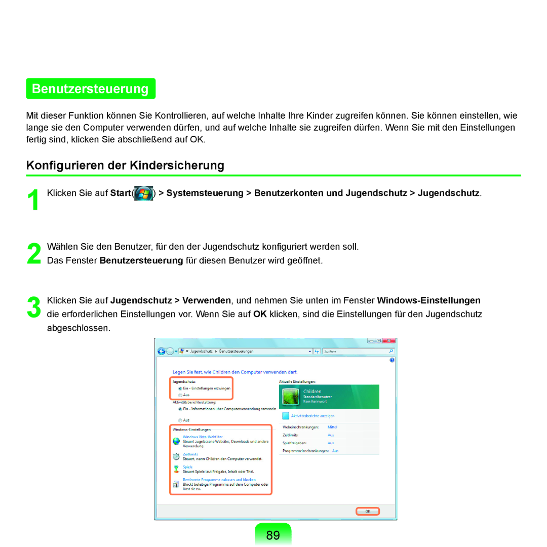 Samsung NP-X65A003/SEG, NP-X65A001/SEG, NP-X65T002/SEG, NP-X65A002/SEG Benutzersteuerung, Konﬁgurieren der Kindersicherung 