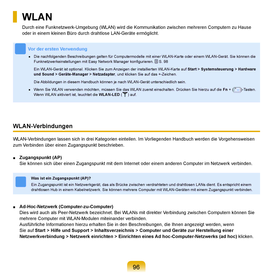 Samsung NP-X65A003/SEG, NP-X65A001/SEG manual WLAN-Verbindungen, Zugangspunkt AP, Ad-Hoc-Netzwerk Computer-zu-Computer 