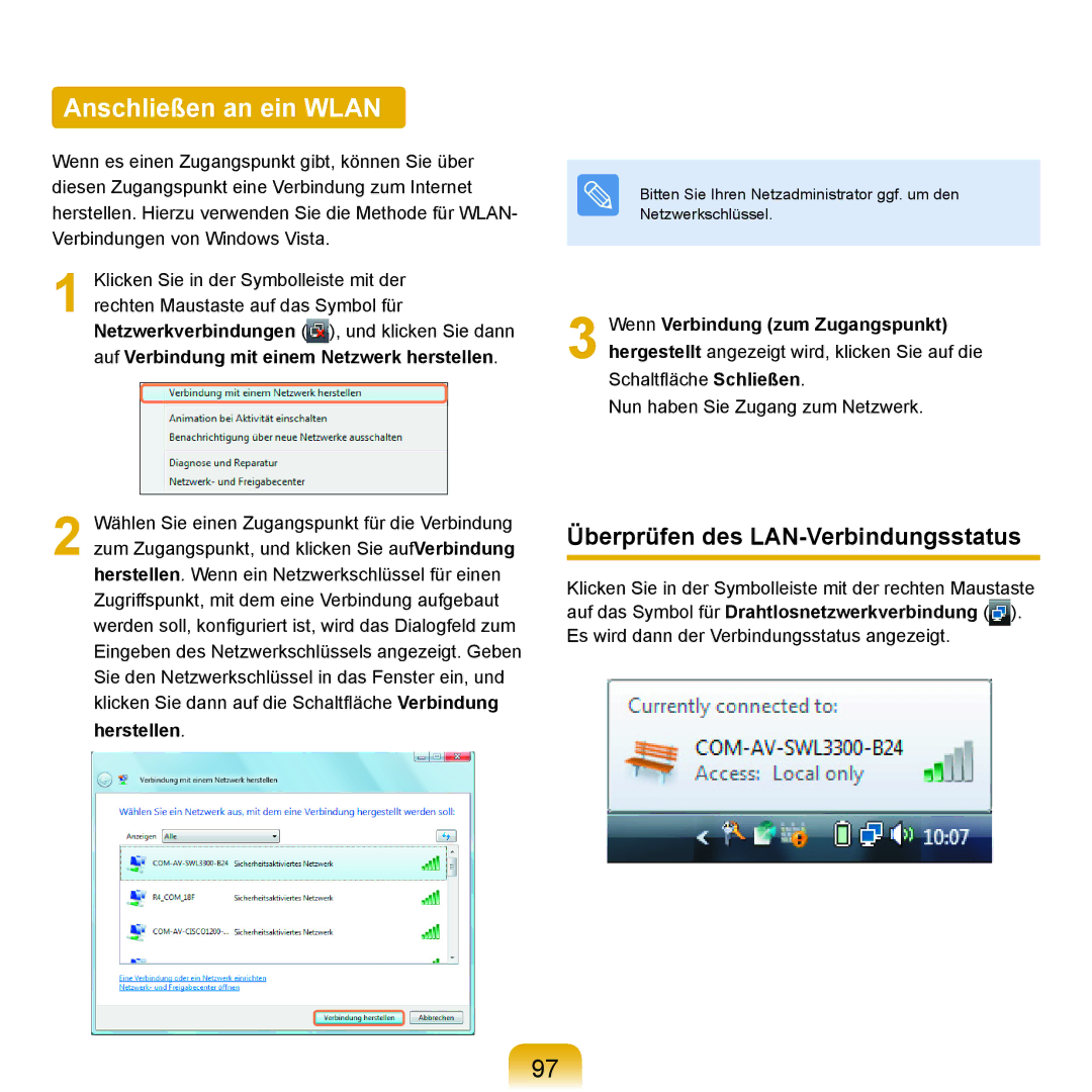 Samsung NP-X65A001/SEG, NP-X65T002/SEG, NP-X65A002/SEG manual Anschließen an ein Wlan, Überprüfen des LAN-Verbindungsstatus 