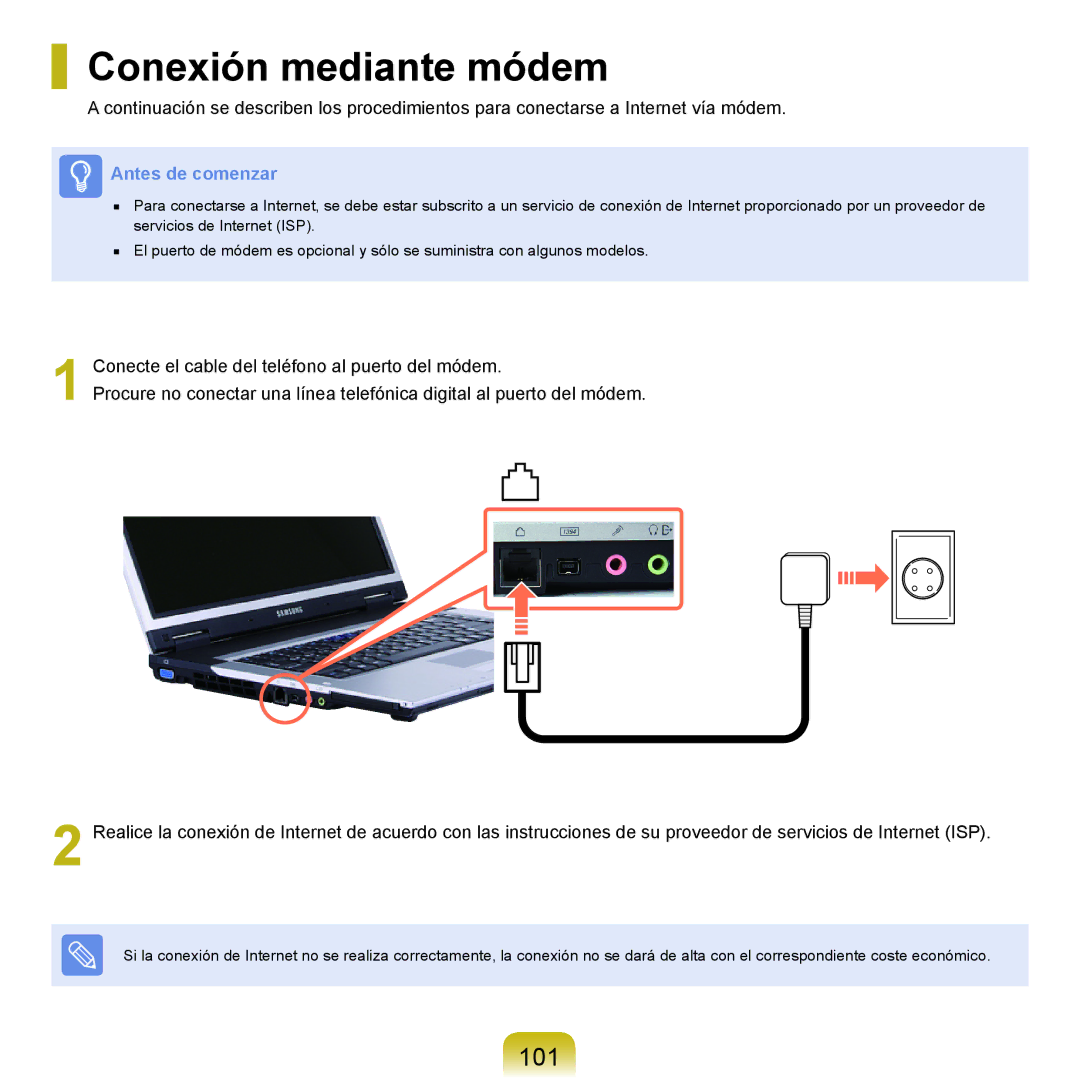 Samsung NP-X65A001/SES, NP-X65A002/SES, NP-X65A000/SES, NP-X65A003/SES manual Conexión mediante módem, 101 