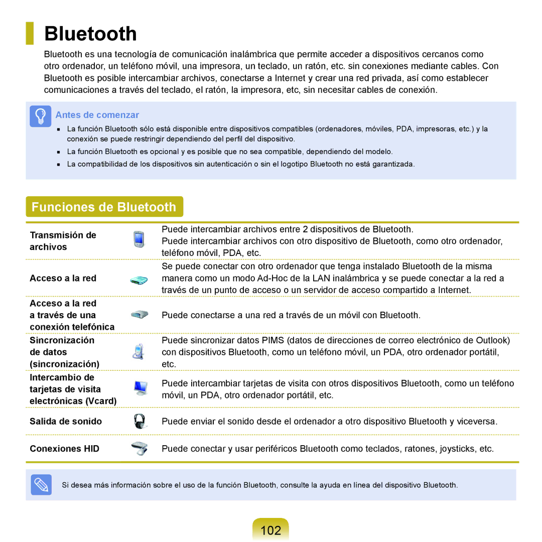 Samsung NP-X65A003/SES, NP-X65A002/SES, NP-X65A000/SES, NP-X65A001/SES manual Funciones de Bluetooth, 102 