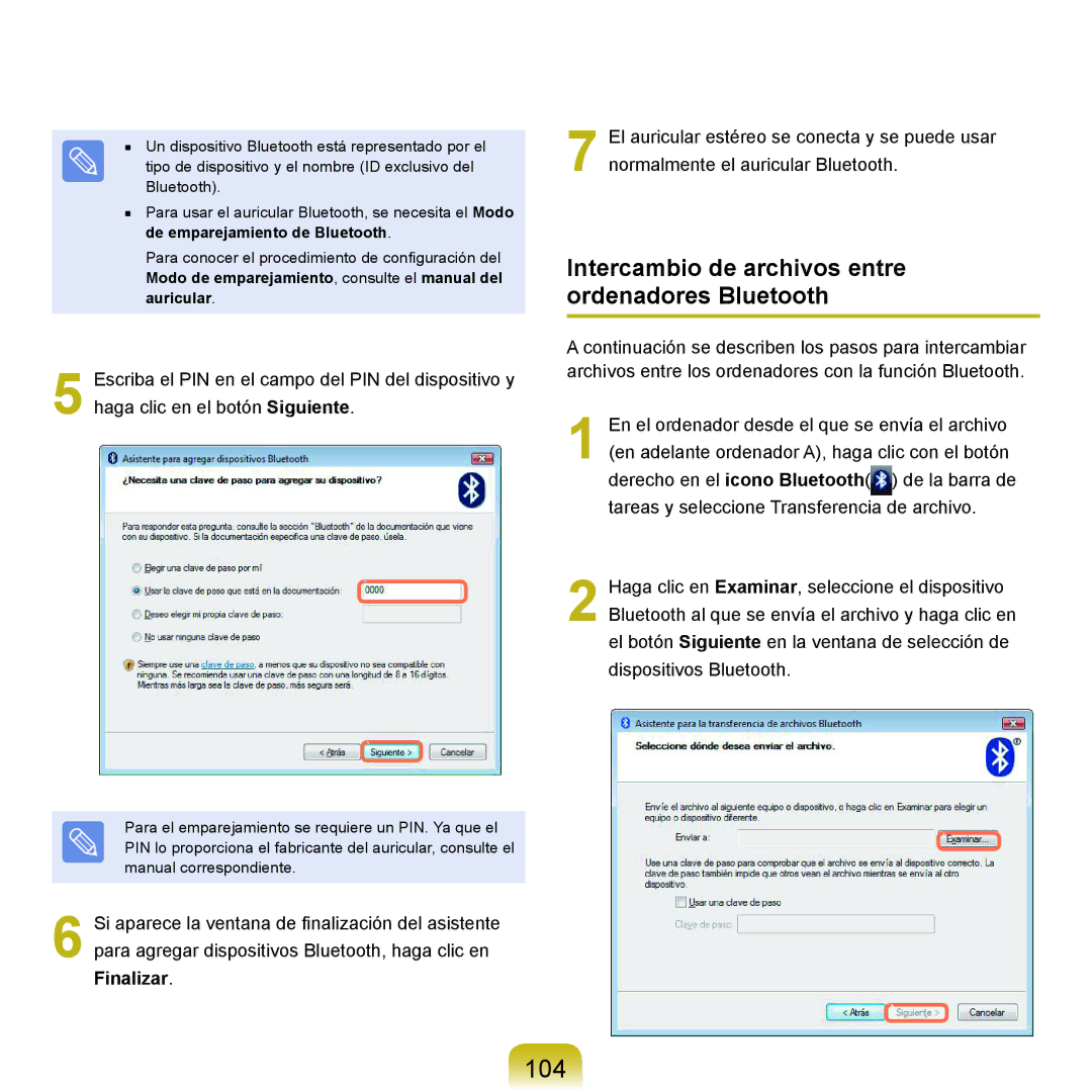 Samsung NP-X65A000/SES, NP-X65A002/SES, NP-X65A001/SES manual 104, Intercambio de archivos entre ordenadores Bluetooth 