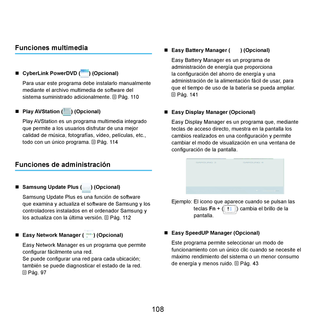Samsung NP-X65A000/SES, NP-X65A002/SES, NP-X65A001/SES manual 108, Funciones multimedia, Funciones de administración 