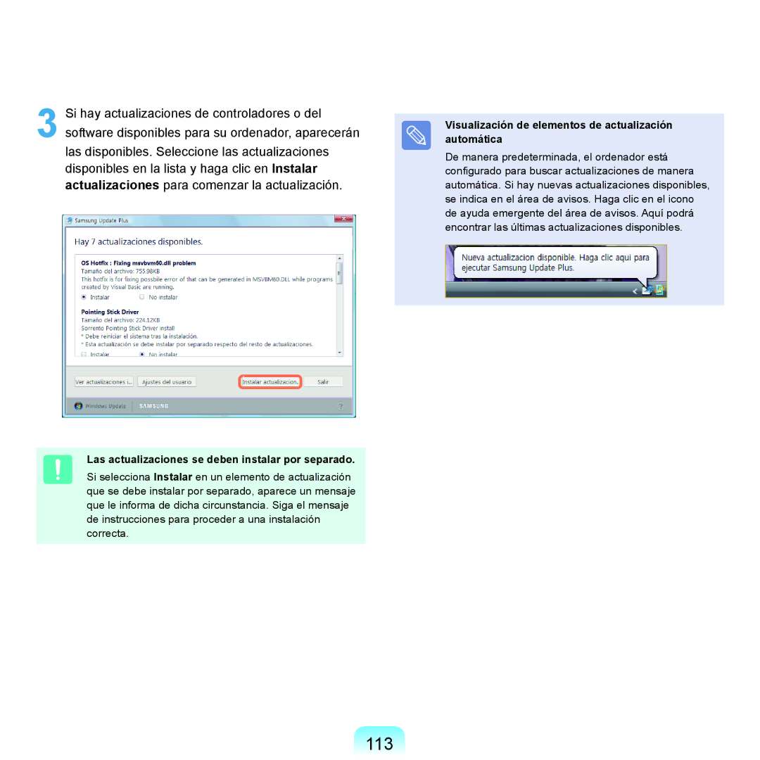 Samsung NP-X65A001/SES, NP-X65A002/SES, NP-X65A000/SES manual 113, Las actualizaciones se deben instalar por separado 