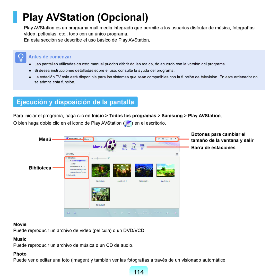 Samsung NP-X65A003/SES, NP-X65A002/SES manual Play AVStation Opcional, Ejecución y disposición de la pantalla, 114, Music 