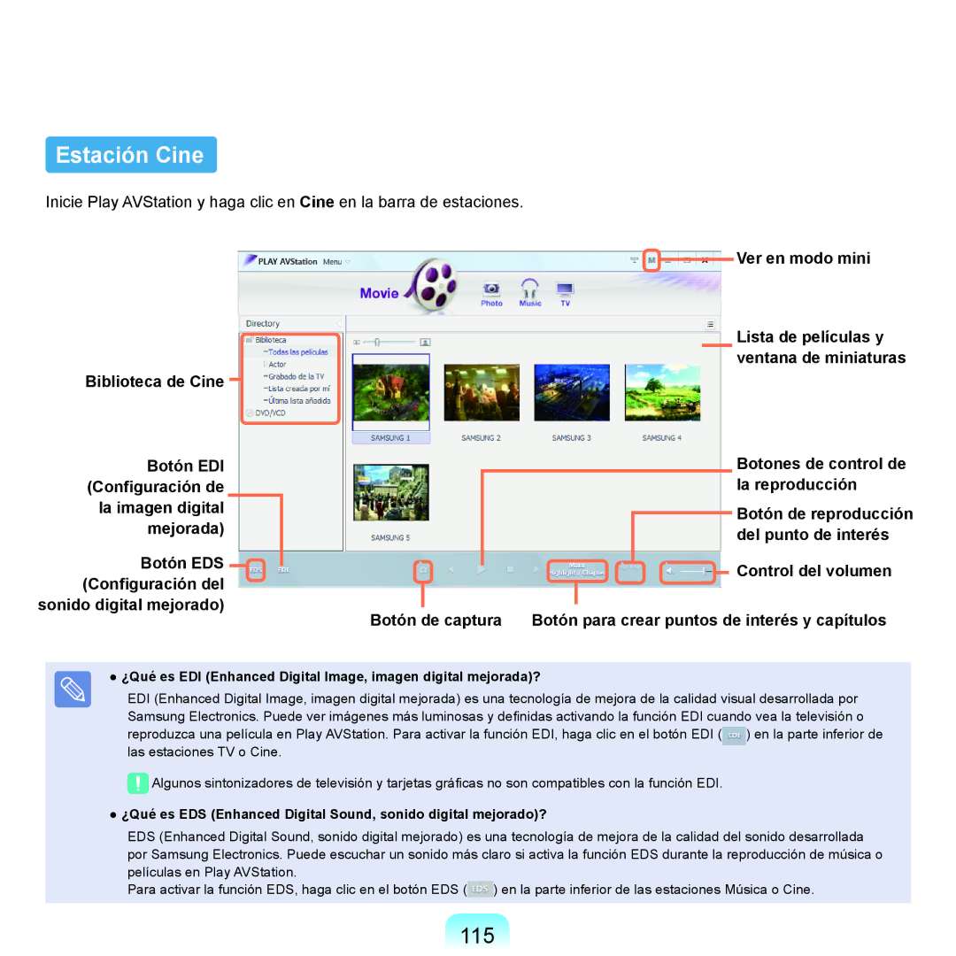 Samsung NP-X65A002/SES, NP-X65A000/SES, NP-X65A001/SES, NP-X65A003/SES manual Estación Cine, 115 