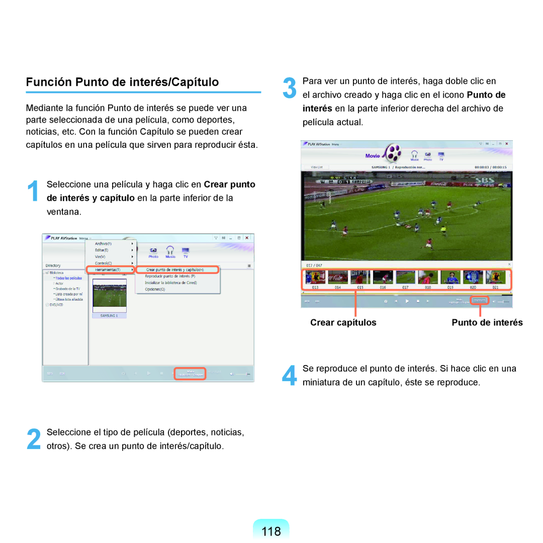 Samsung NP-X65A003/SES, NP-X65A002/SES manual 118, Función Punto de interés/Capítulo, Crear capítulos Punto de interés 