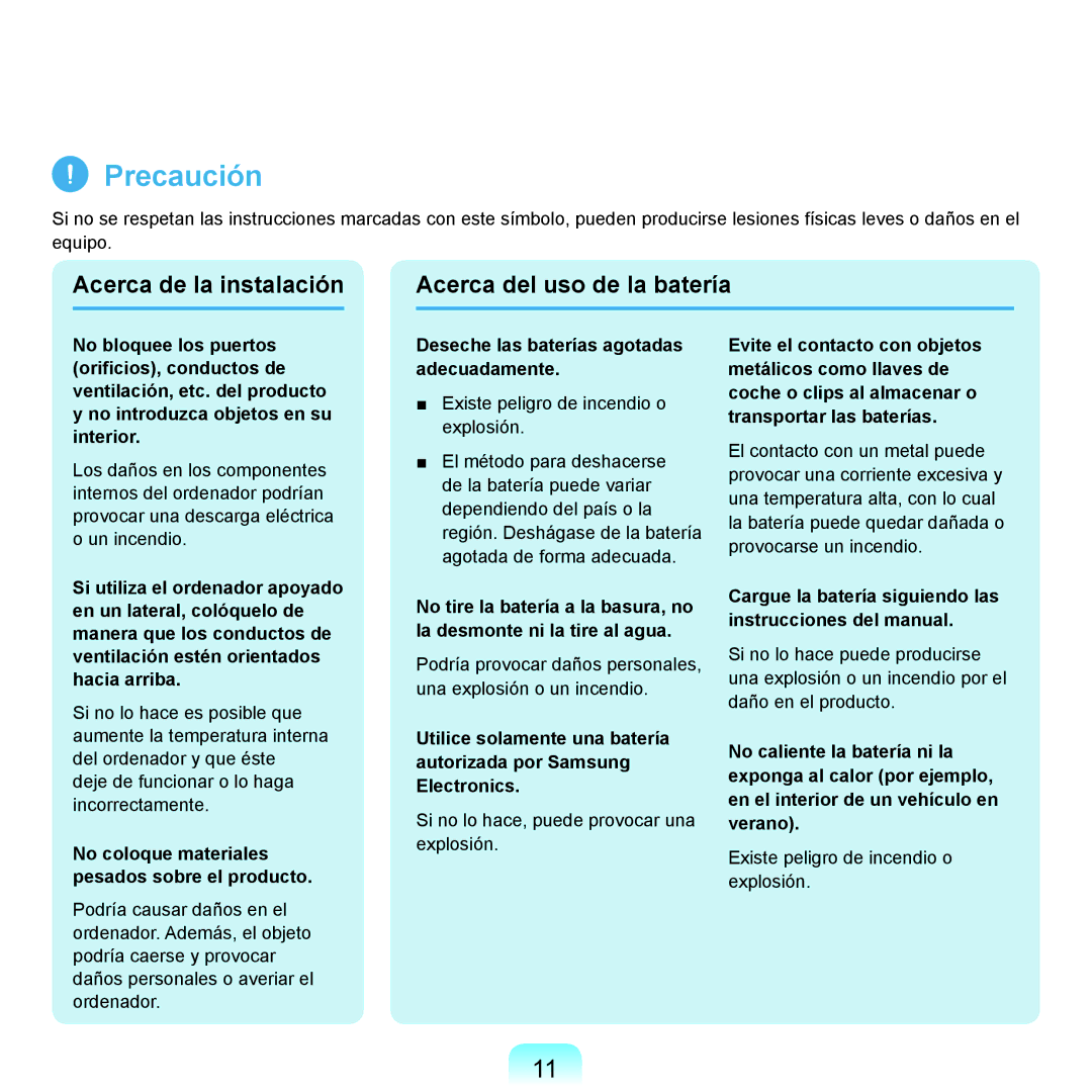 Samsung NP-X65A002/SES Acerca de la instalación Acerca del uso de la batería, Deseche las baterías agotadas adecuadamente 