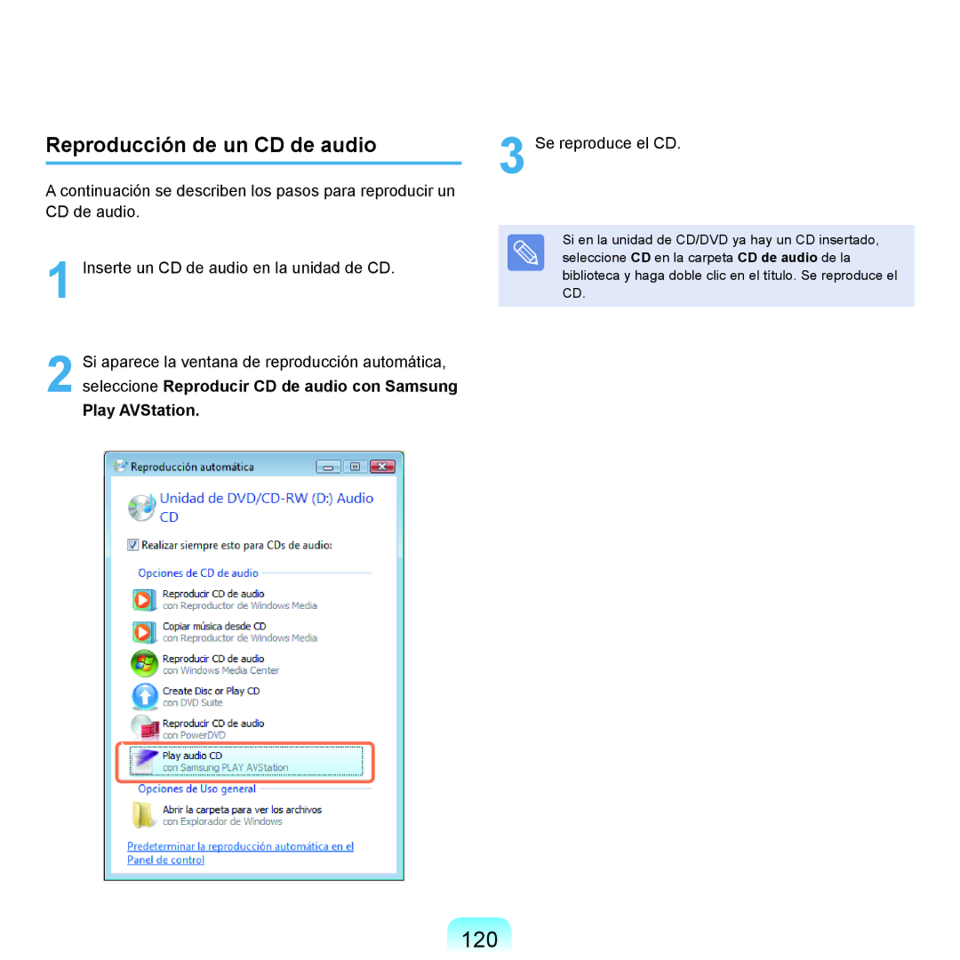 Samsung NP-X65A000/SES, NP-X65A002/SES, NP-X65A001/SES, NP-X65A003/SES 120, Reproducción de un CD de audio, Play AVStation 