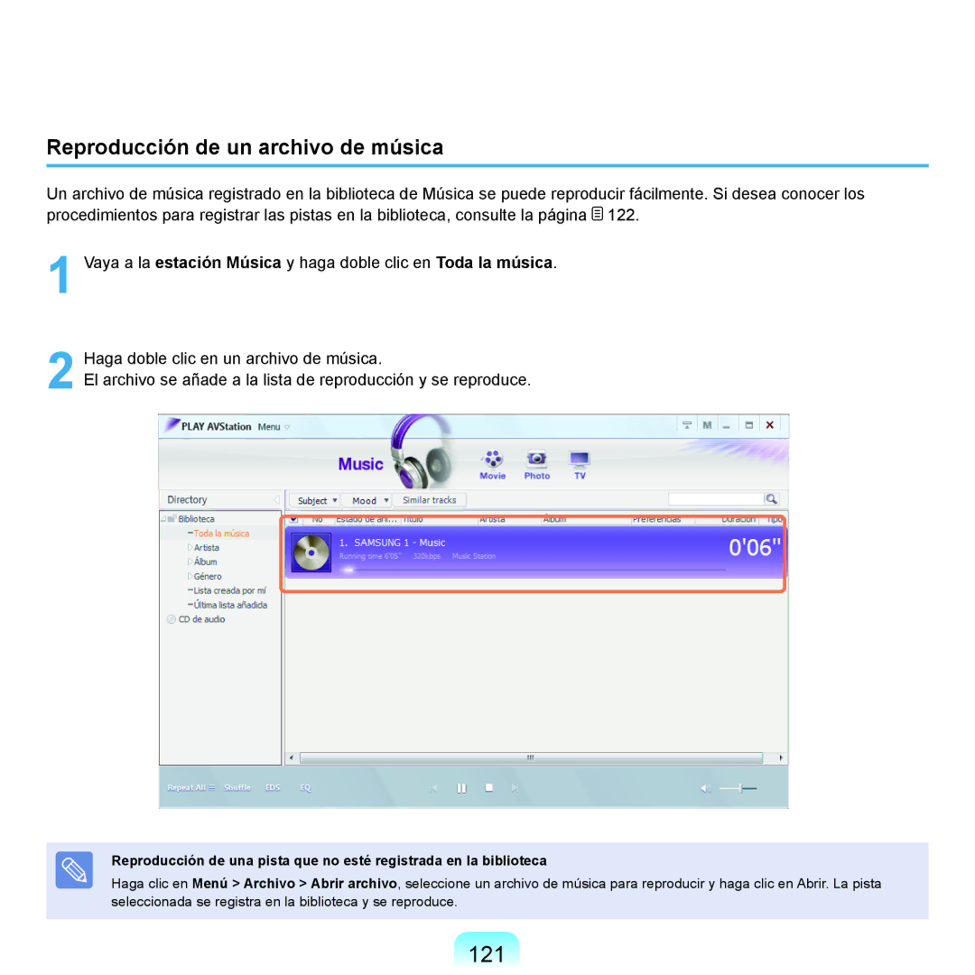 Samsung NP-X65A001/SES, NP-X65A002/SES, NP-X65A000/SES, NP-X65A003/SES manual 121, Reproducción de un archivo de música 