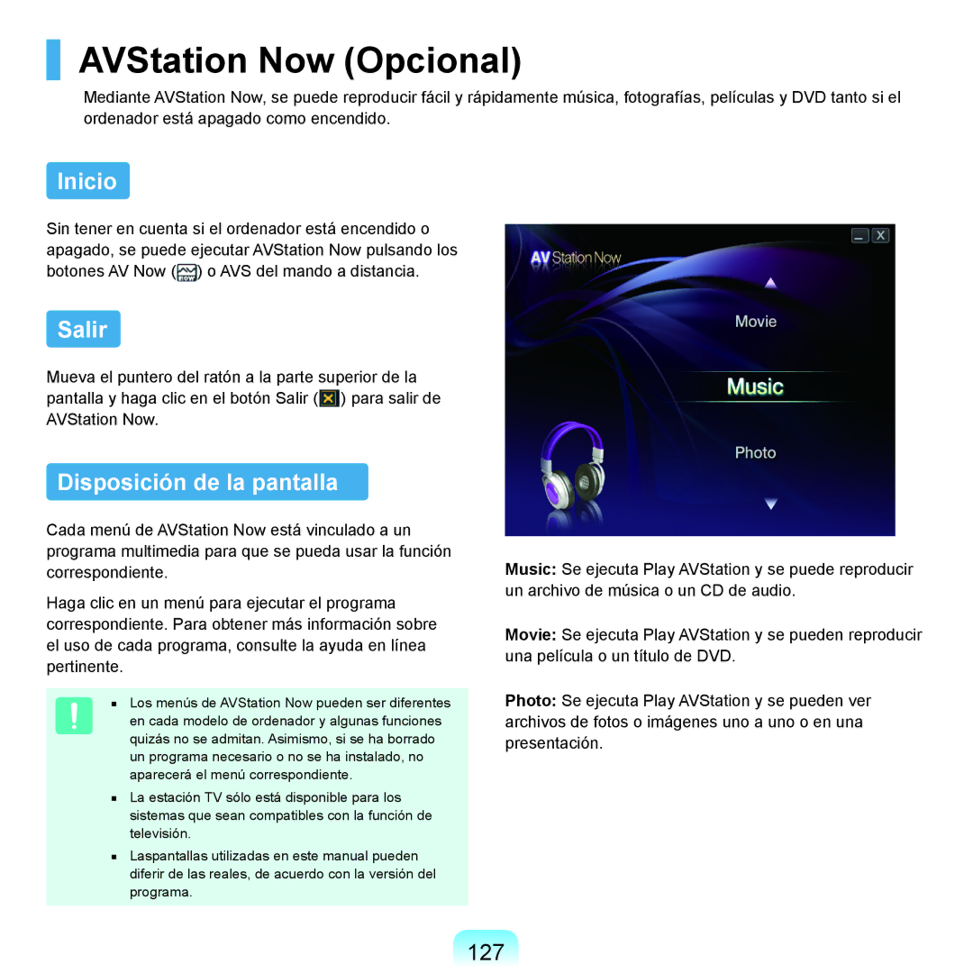 Samsung NP-X65A002/SES, NP-X65A000/SES manual AVStation Now Opcional, Inicio, Salir, Disposición de la pantalla, 127 