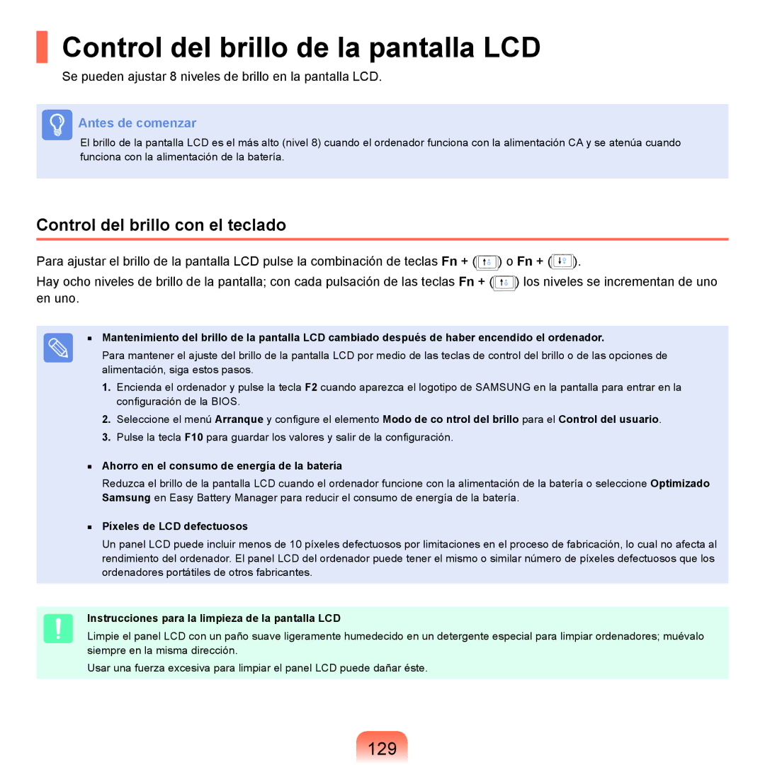 Samsung NP-X65A001/SES, NP-X65A002/SES manual Control del brillo de la pantalla LCD, 129, Control del brillo con el teclado 