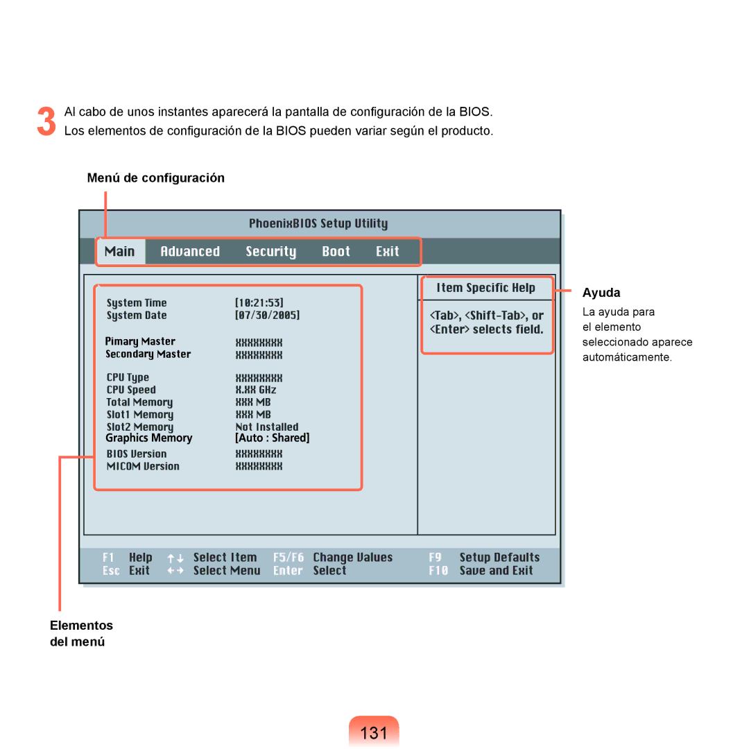 Samsung NP-X65A002/SES, NP-X65A000/SES, NP-X65A001/SES manual 131, Menú de configuración, Ayuda, Elementos, Del menú 