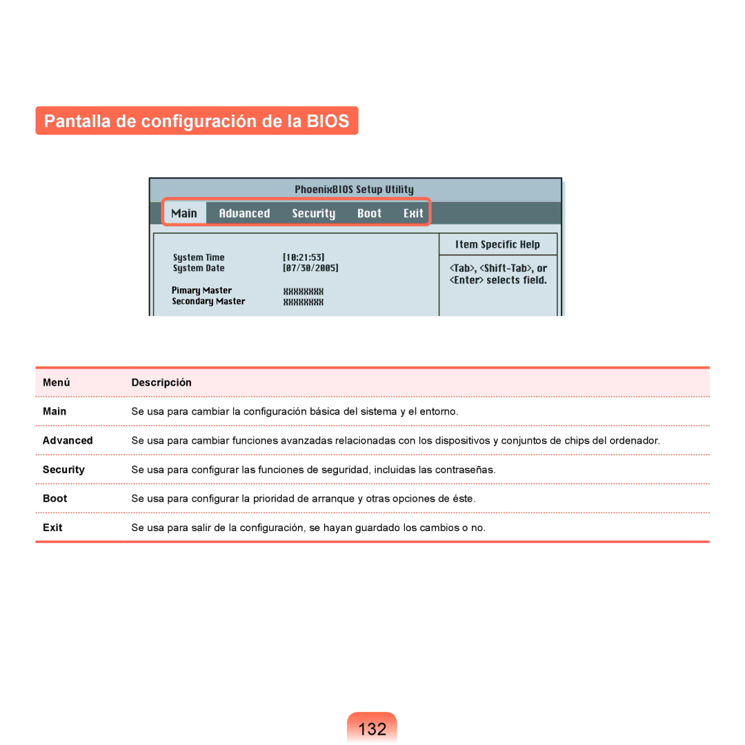 Samsung NP-X65A000/SES, NP-X65A002/SES, NP-X65A001/SES, NP-X65A003/SES manual Pantalla de configuración de la Bios, 132 