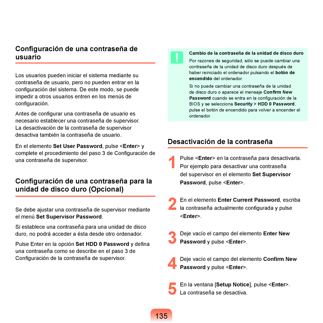 Samsung NP-X65A002/SES, NP-X65A000/SES 135, Configuración de una contraseña de usuario, Desactivación de la contraseña 