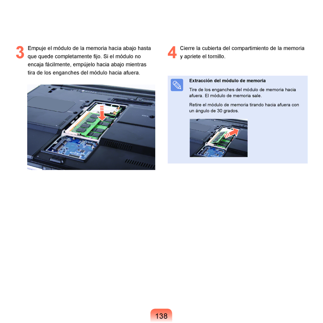 Samsung NP-X65A003/SES, NP-X65A002/SES, NP-X65A000/SES, NP-X65A001/SES manual 138, Extracción del módulo de memoria 