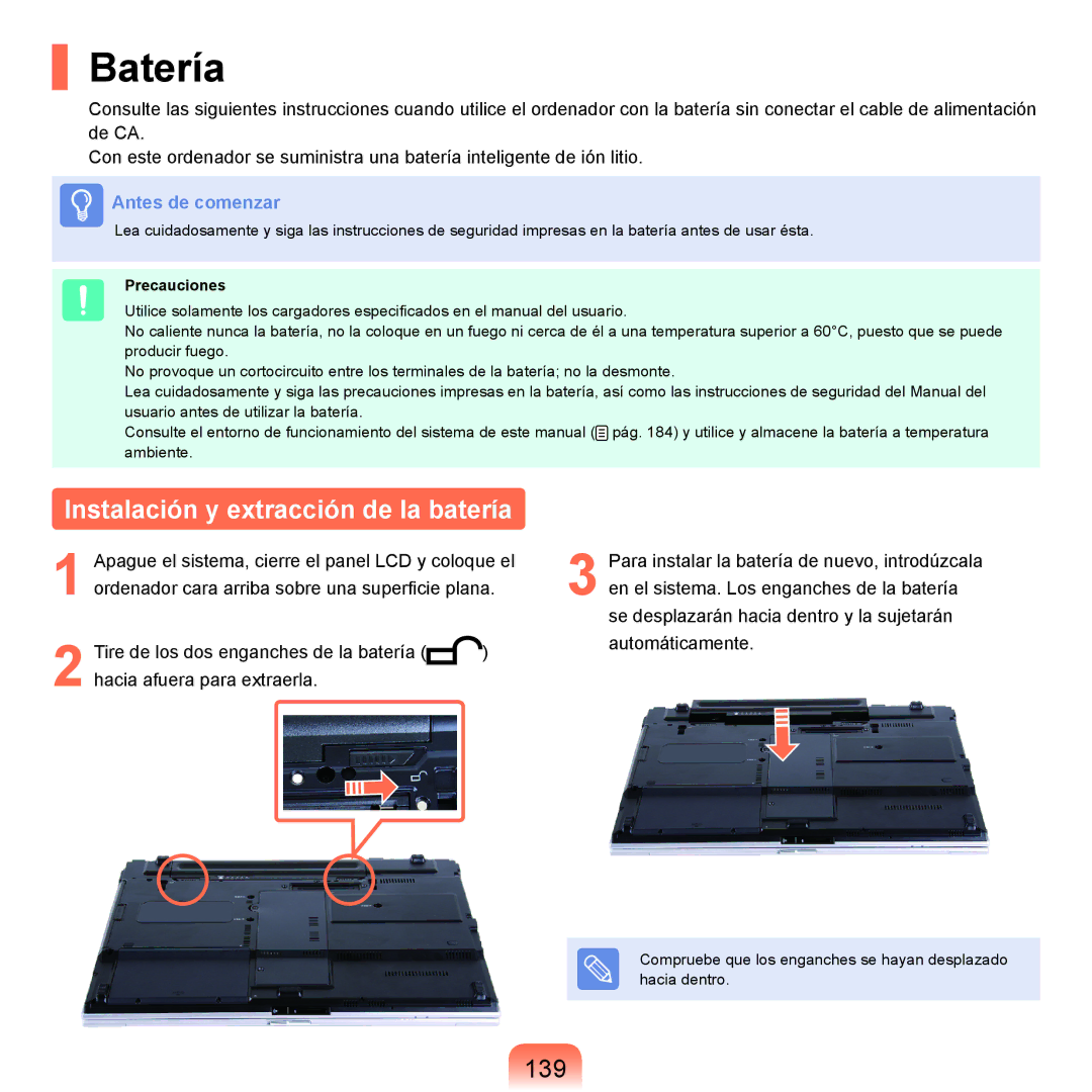 Samsung NP-X65A002/SES, NP-X65A000/SES, NP-X65A001/SES Batería, Instalación y extracción de la batería, 139, Precauciones 