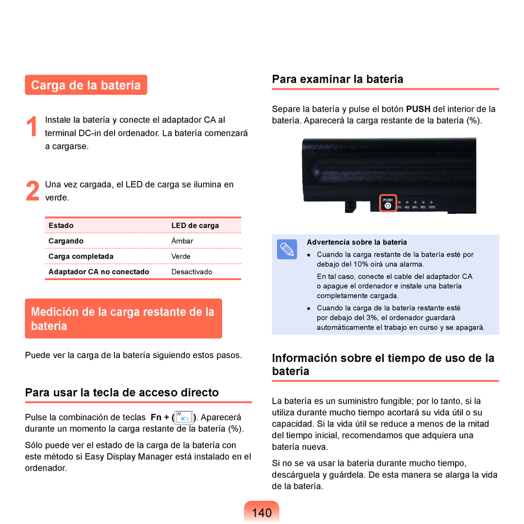 Samsung NP-X65A000/SES, NP-X65A002/SES manual Carga de la batería, Medición de la carga restante de la batería, 140 