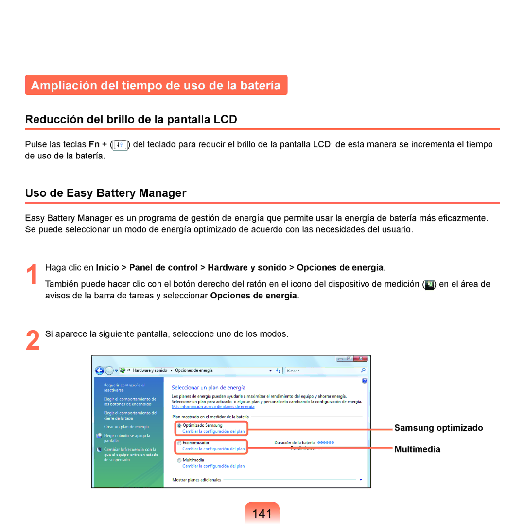 Samsung NP-X65A001/SES manual Ampliación del tiempo de uso de la batería, 141, Reducción del brillo de la pantalla LCD 